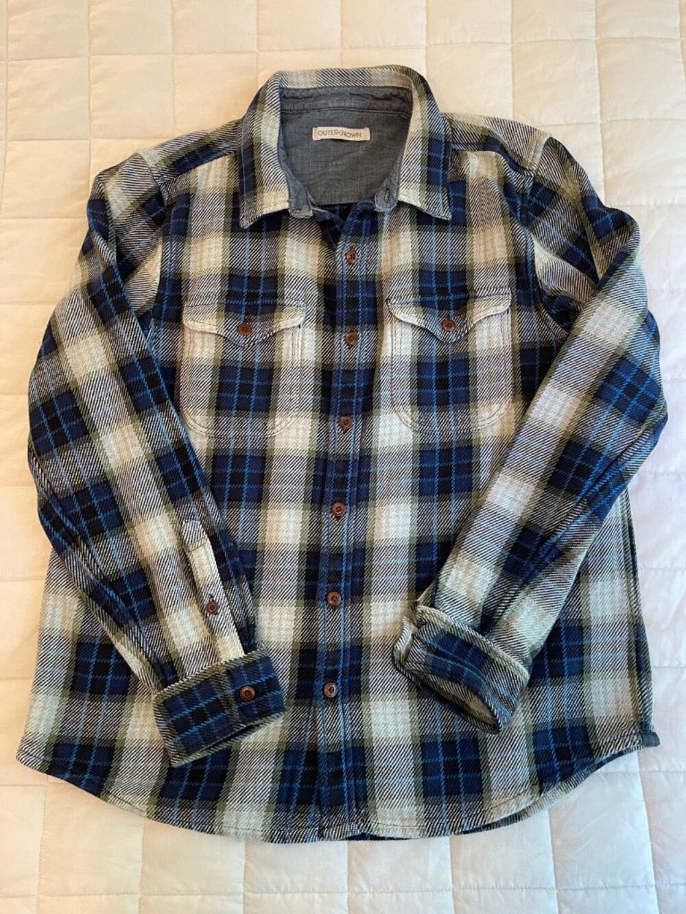 Outerknown Blanket Shirt Olive Navy Cream Plaid Flannel L